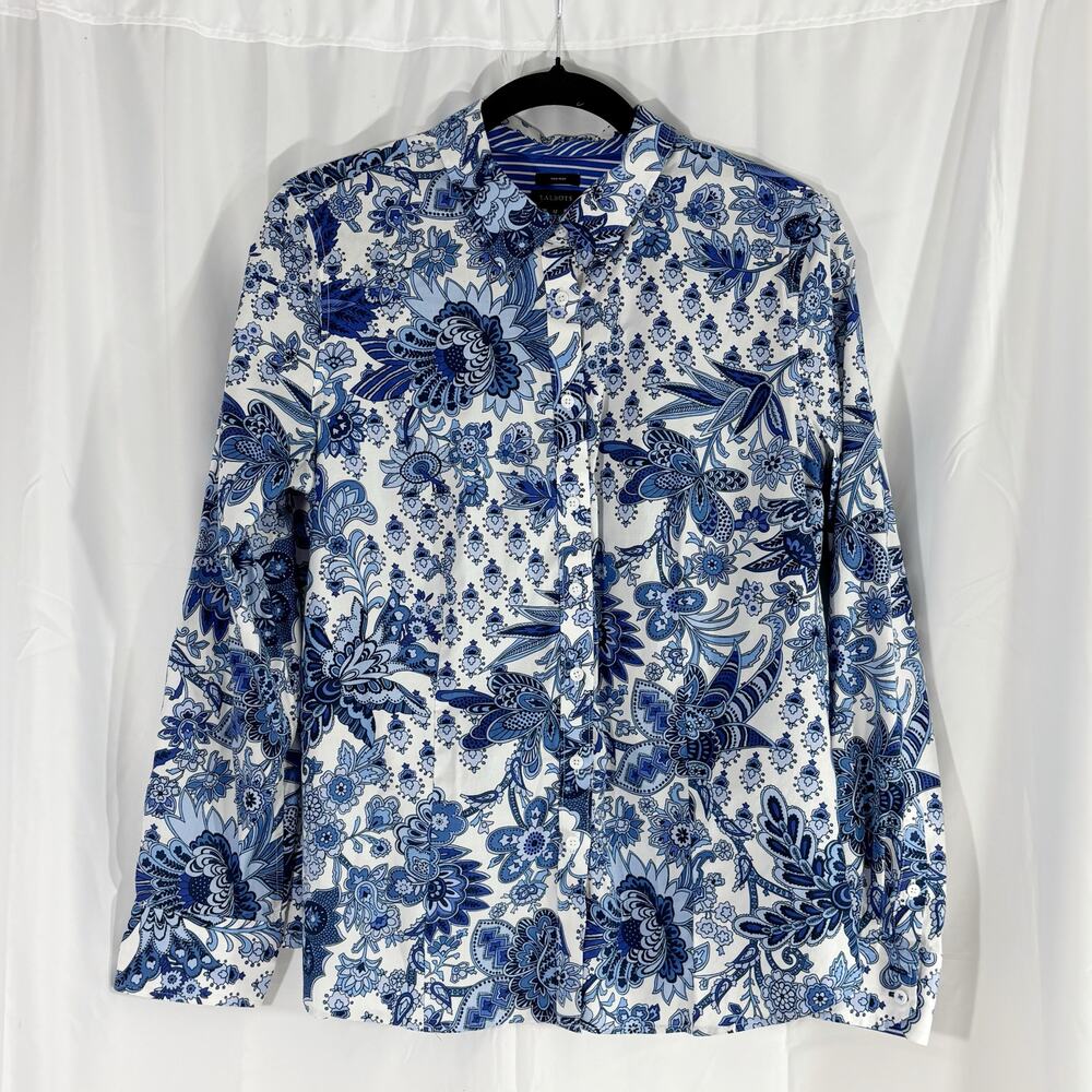 Talbots Cotton Button Front Shirt blue Whimsical Garden Floral Print size 12 - Picture 2 of 5